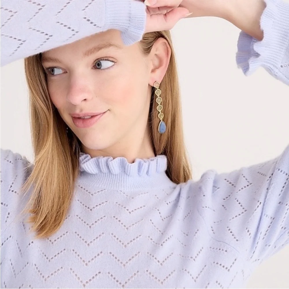J.Crew Shale Blue Cashmere Pointelle Ruffle Mock Neck Sweater